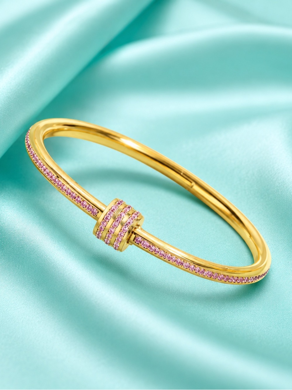 Sparkling Pink Crystal Gold Bangle Bracelet